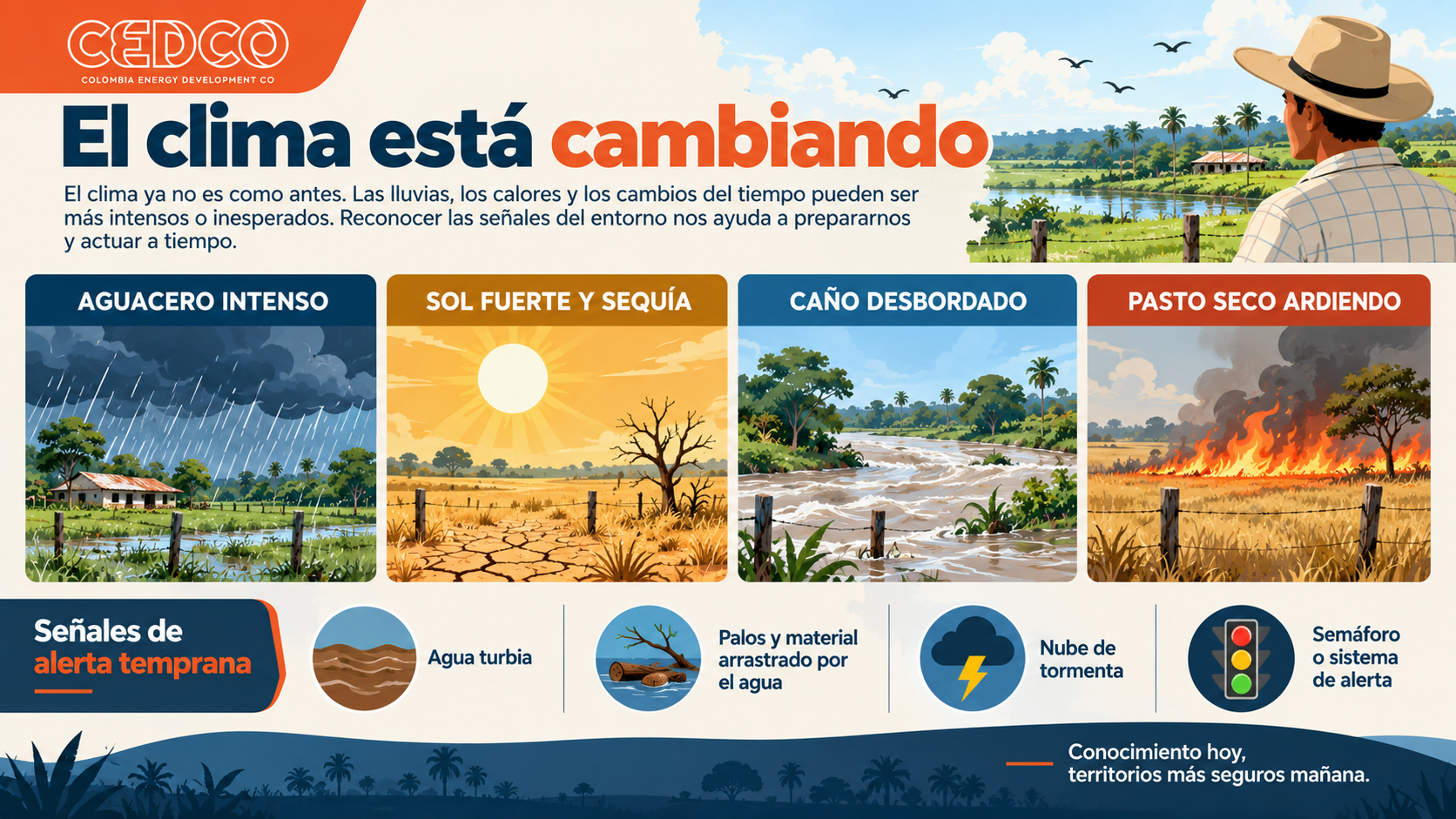 Tarjeta 2: El clima está cambiando - Aguaceros, Sequía, Caño desbordado, Pasto seco