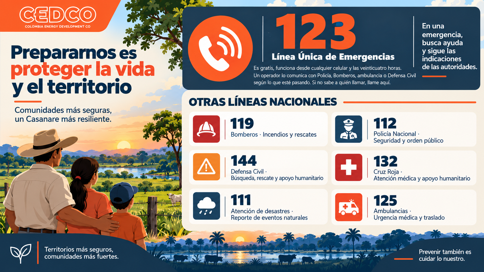 Tarjeta 6: Línea única de emergencias 123 y líneas institucionales